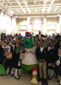 The Phillie Phanatic with students from Bache-Martin Elementary School and Russell Byers Charter School.